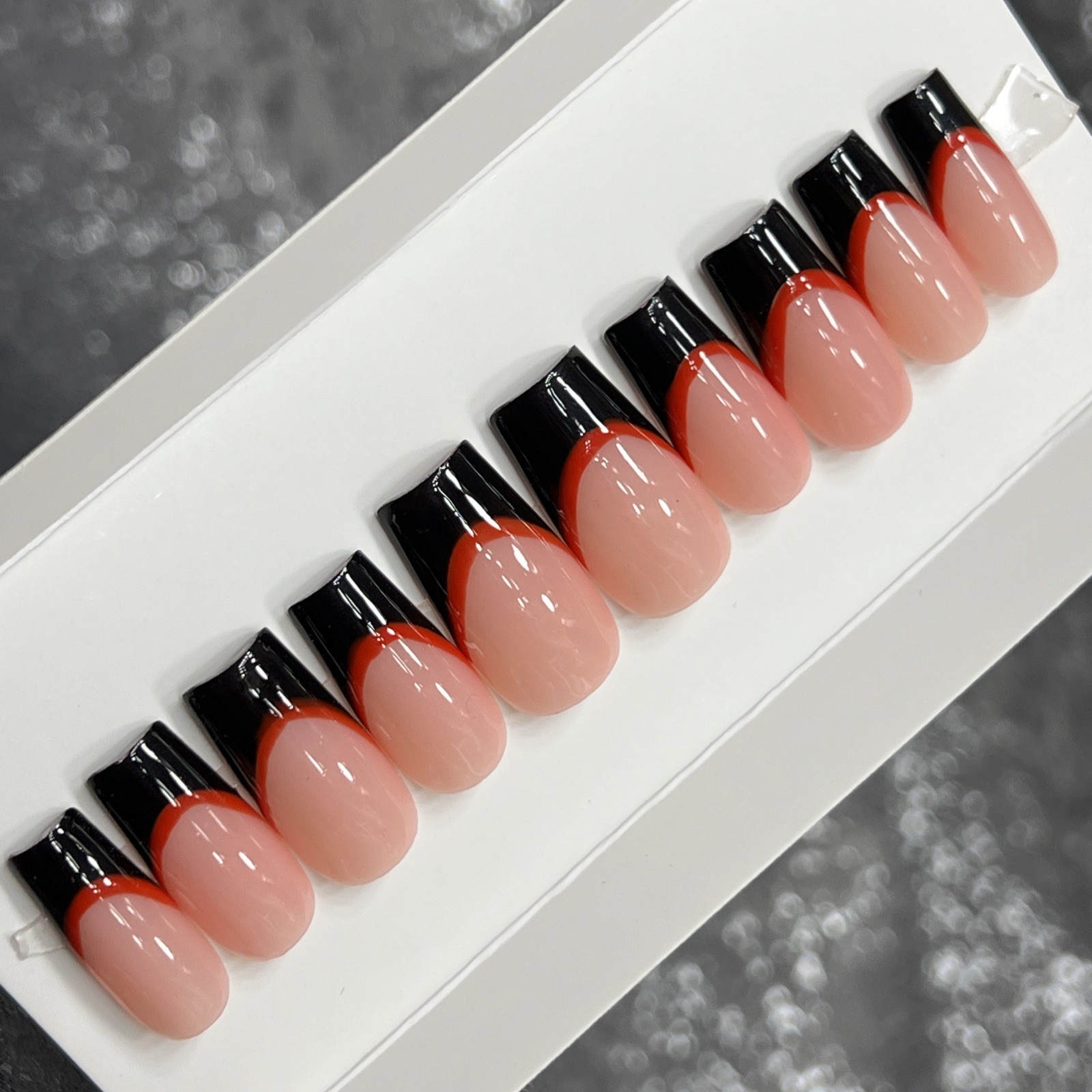 ❤️🖤 CUSTOM Press On Nails FRENCH BLACK RED BLING 10p SET W Kit