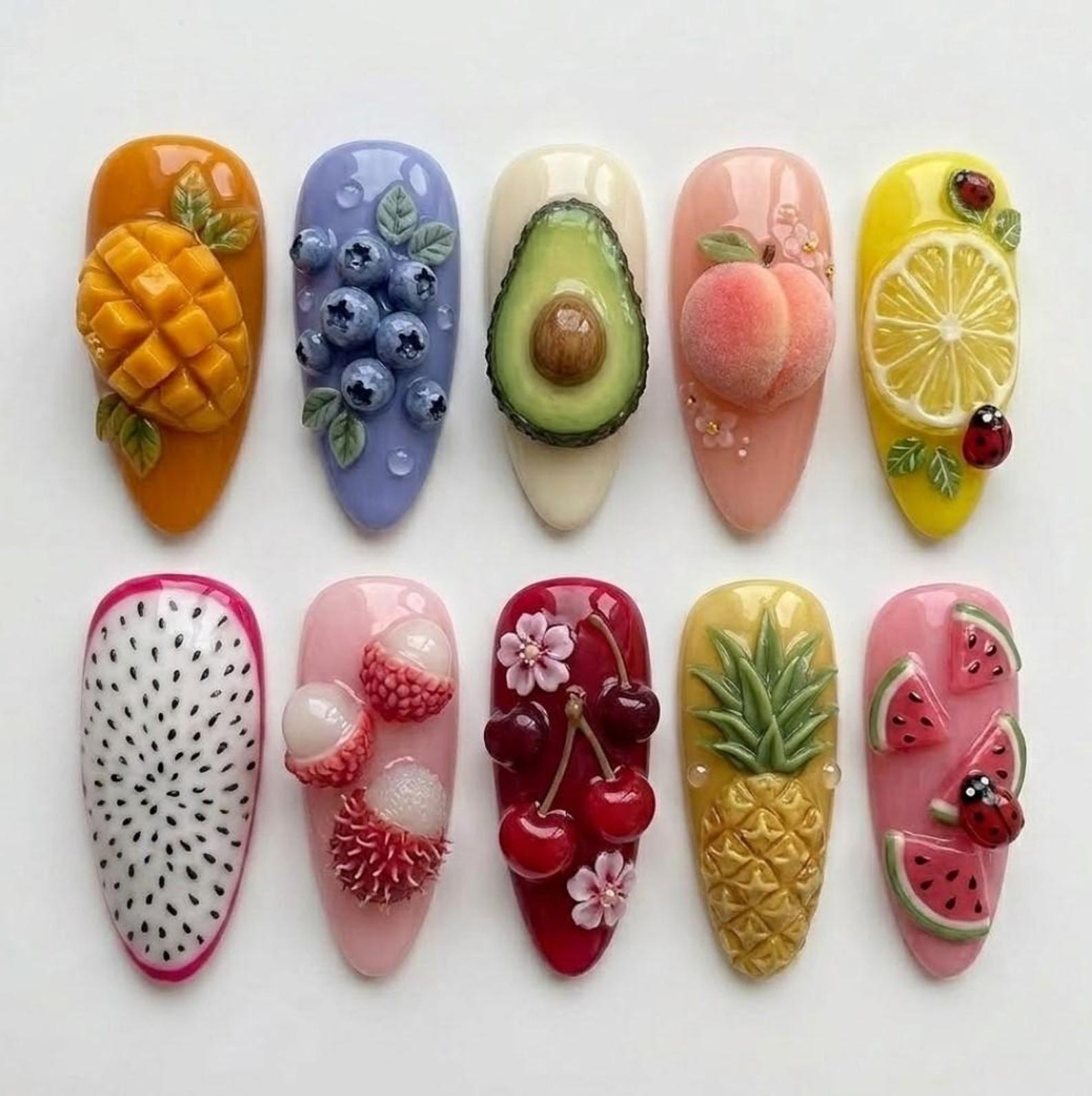 Handmade 3D Mixed Fruit Ladybug Medium Almond Press on Nails Set