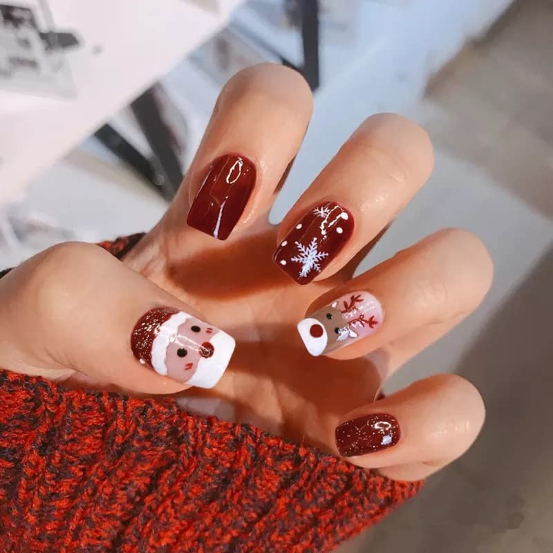 Christmas Short Square Press on Nail Snowflake Red Fake Nails Glitter Elk Sno…
