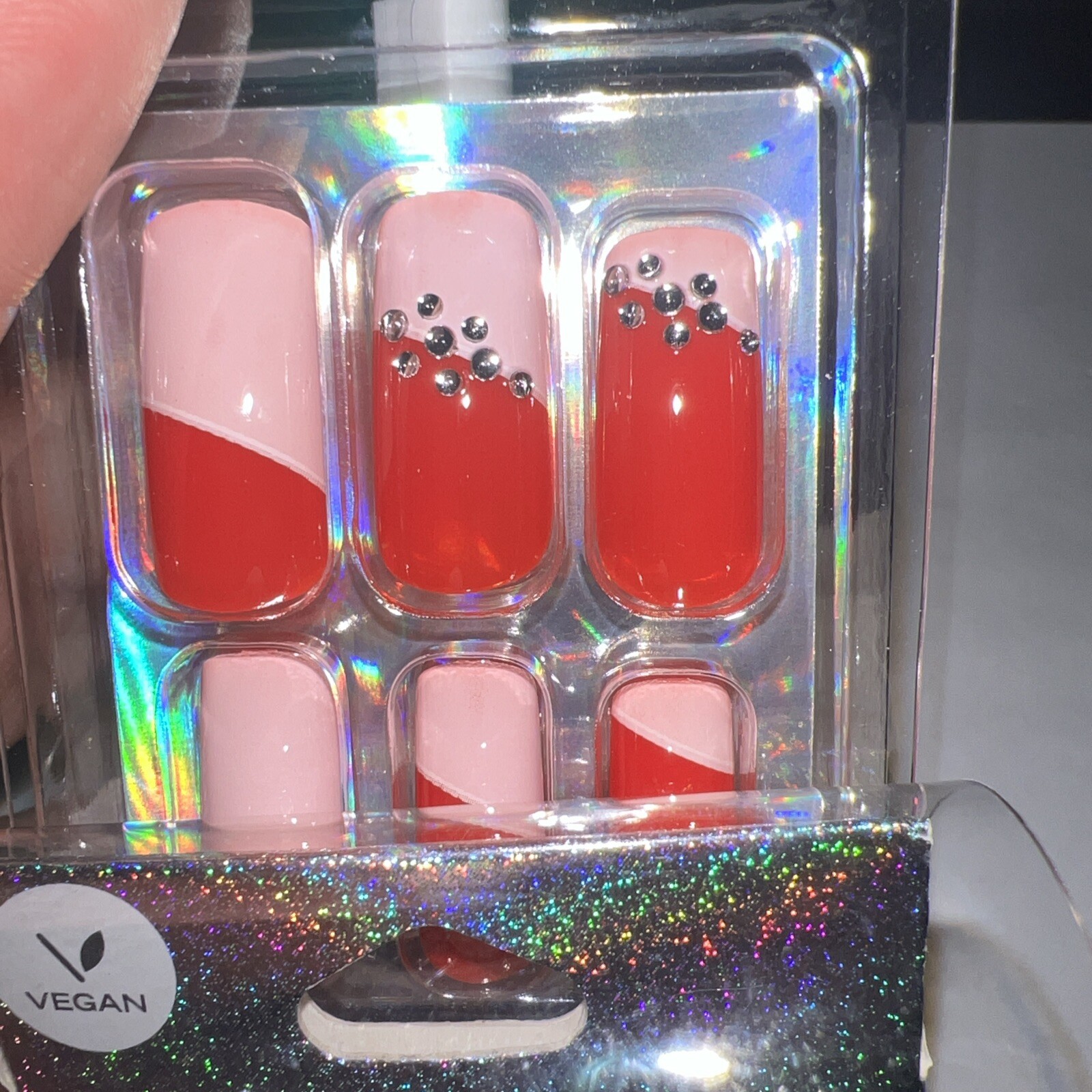 24pc Claire’s Fake False Press On Nails Glue On Vegan Red Pink Rhinestone Square