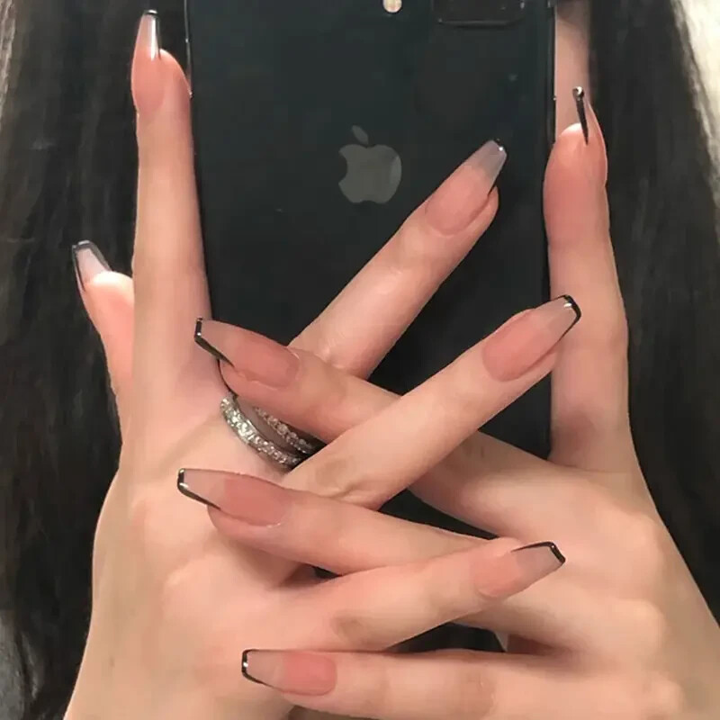 24pcs Solid Glossy Ballet Shape Alcohol-Free Wine Red Long Trendy Nail Art
