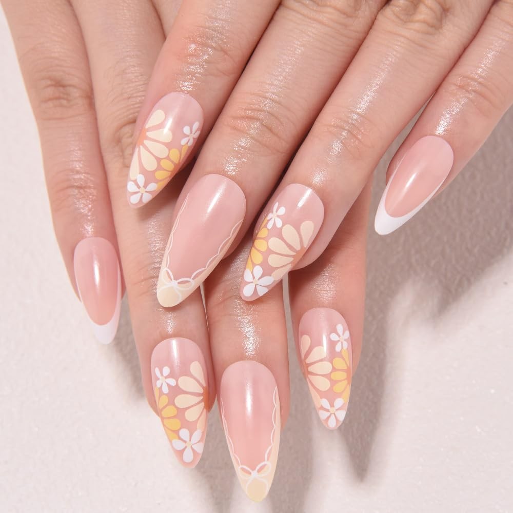 evpct Nude Yellow Flower Short Almond Press On Nails