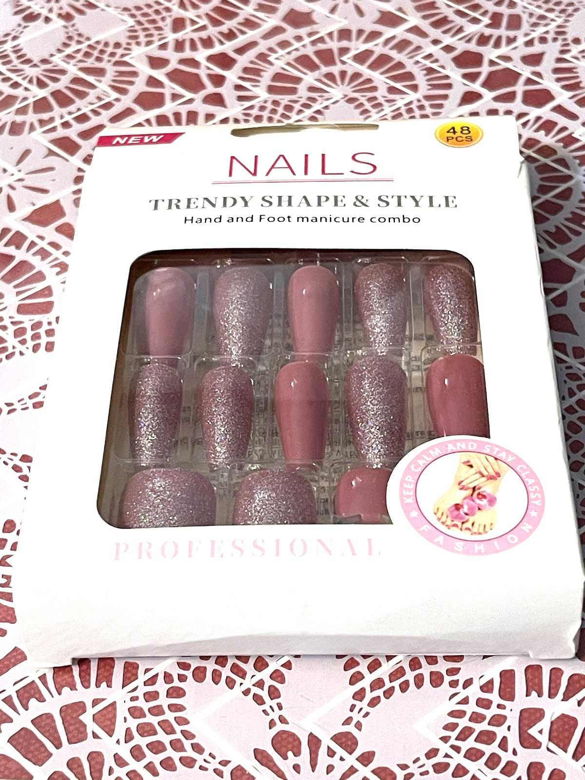 Nails Trendy Shape & Style PINK & GLITTER Long Coffin Finger & Toes Manicure Set