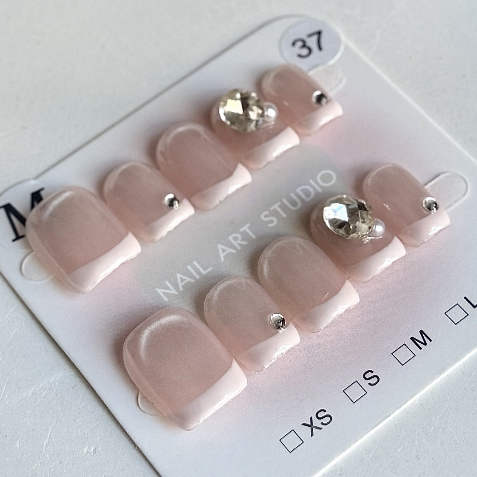 Handmade White French Tip Press-On Nails Short Square Size M Reusable Fake Nails