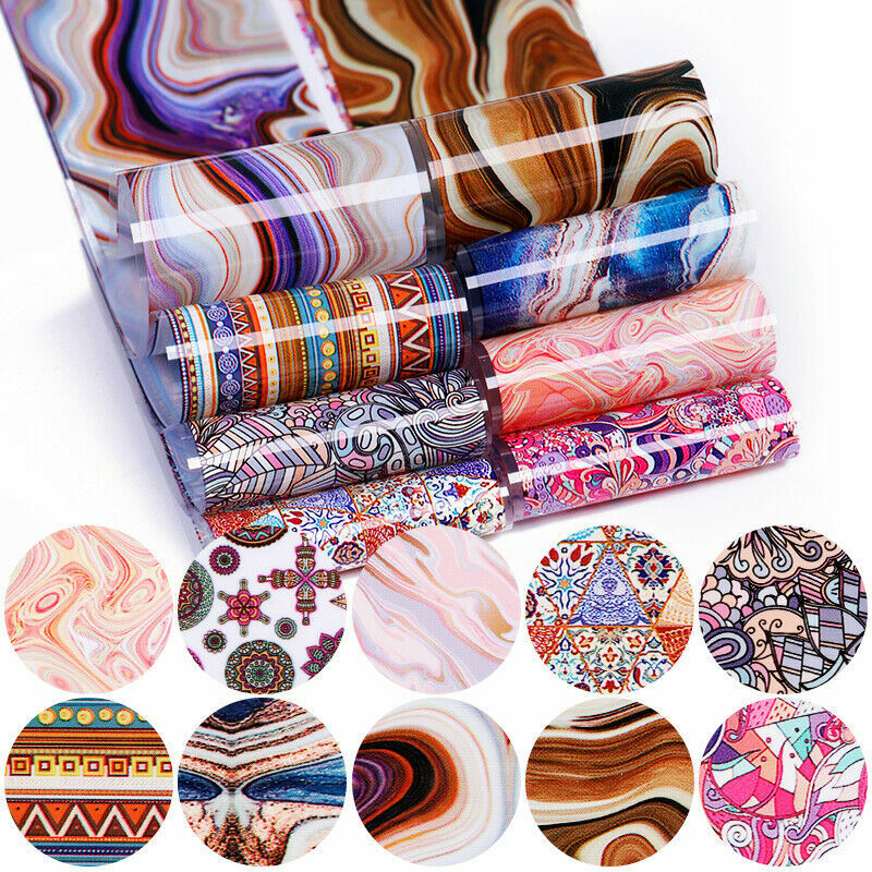 Nail Stickers Transfer Color Decals Nail Art Decor Tips Marble Flower 10Pcs Foil