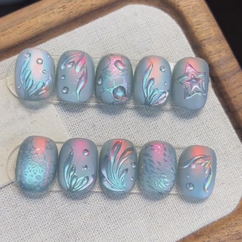 Summer Press on Nails – Short Square Fake Nails – Blue Chrome – Style 13