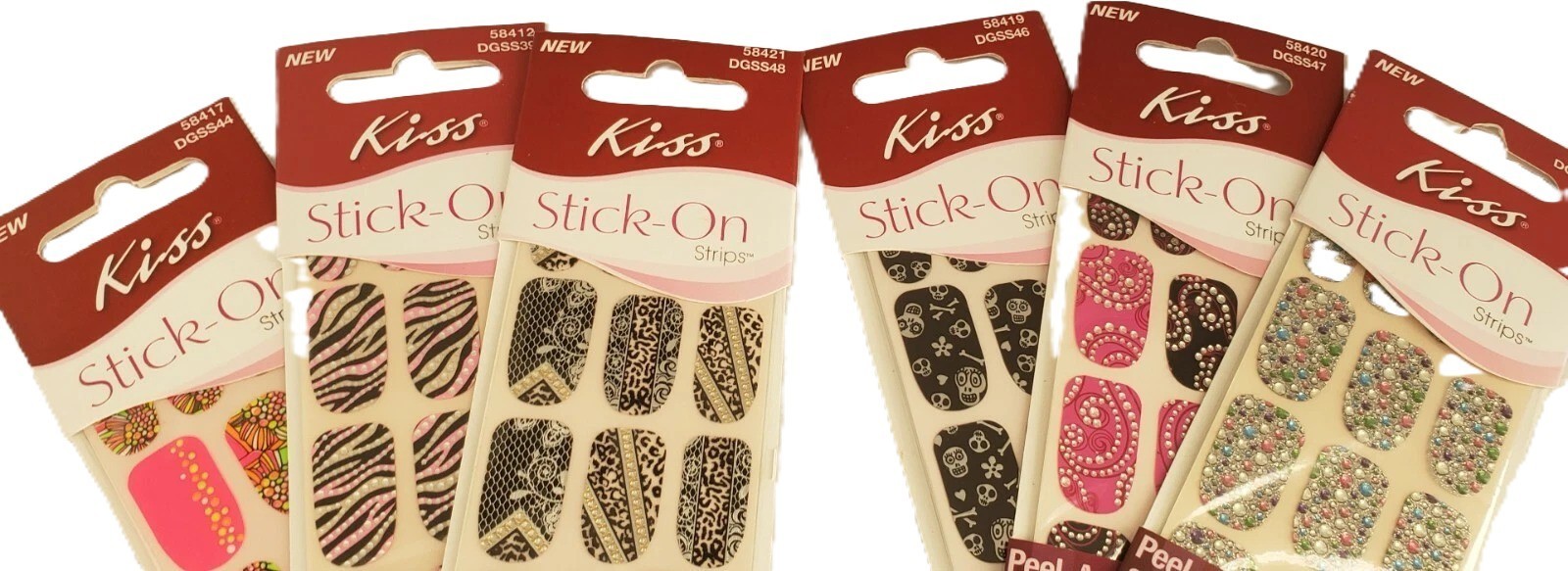 6 New Packages Stick On Kiss Nail Strips Skulls Flowers Animal Print 18 Each NIP