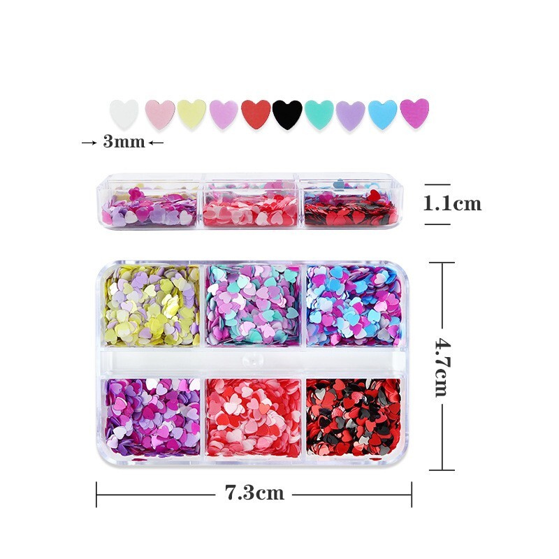 6 Grids Multi-Color LOVE Heart Nail Art Laser Sequins Glitter Flakes DIY Decor