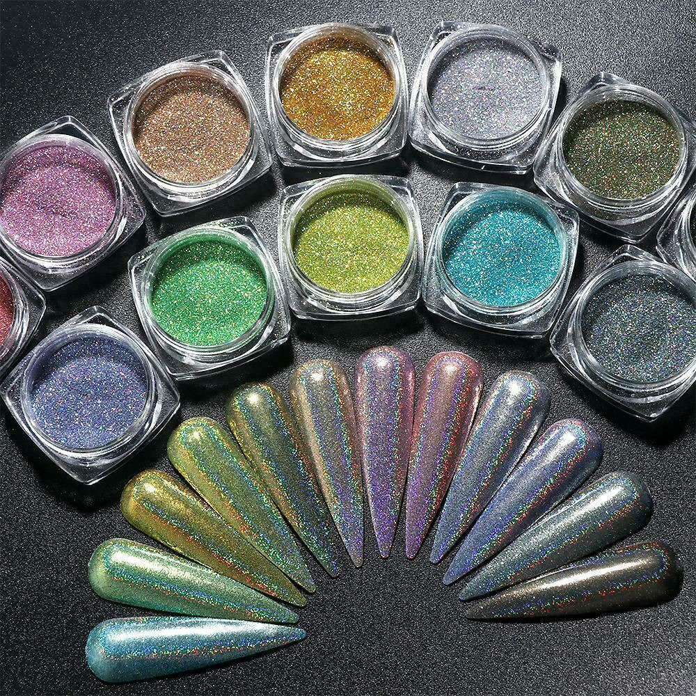 Holographic Nail Powder With Applicator Chrome Shimmer Mirror Glitter Pigment