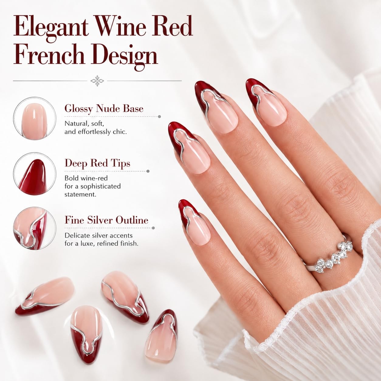 Press on Nails Medium Almond 3D Wine Red French Tip Fake Nails