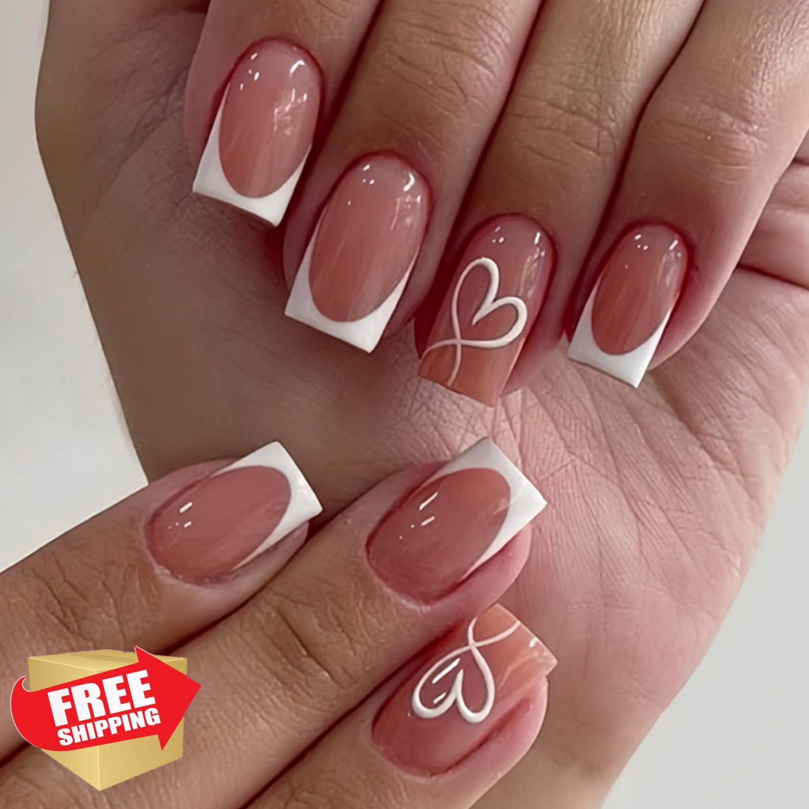 SEMATA Short Square French Tip Press on Nails, Pink Heart Design