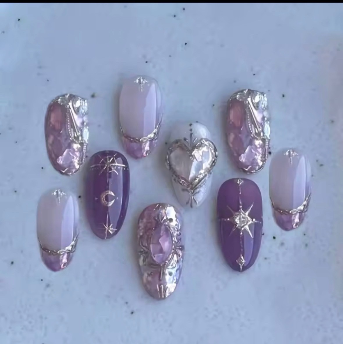 Purple Rhinestone Heart Press On Nails Short Almond Glossy Reusable False Nails