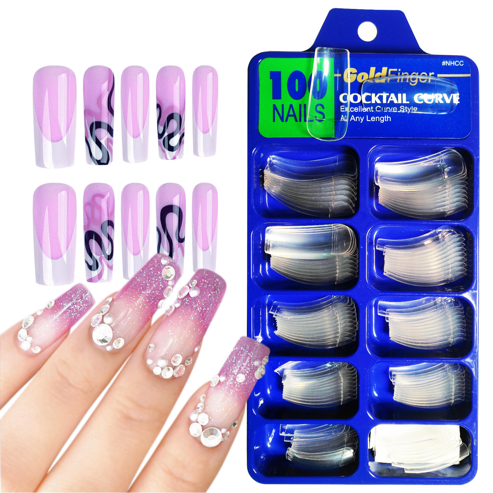 COCKTAIL CURVE Acrylic False Nail Tips 100pcs Original French Artifical Curved