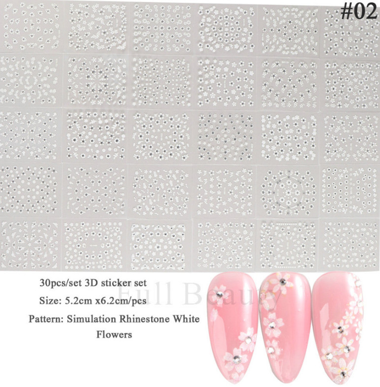 10 Sheets Rhinestone White Daisy Flower Nail Art Sticker Decoration Manicure