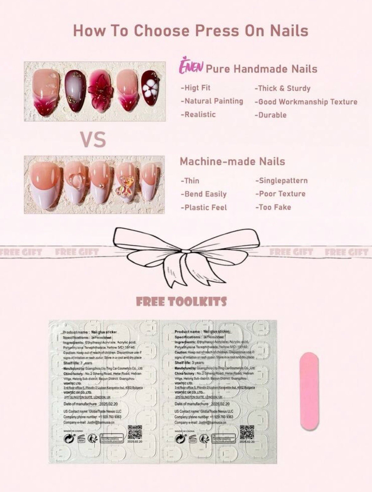 ENEN Medium Almond 3D Self-Adhesive Press-On Nails Pink White Gold Butterfly