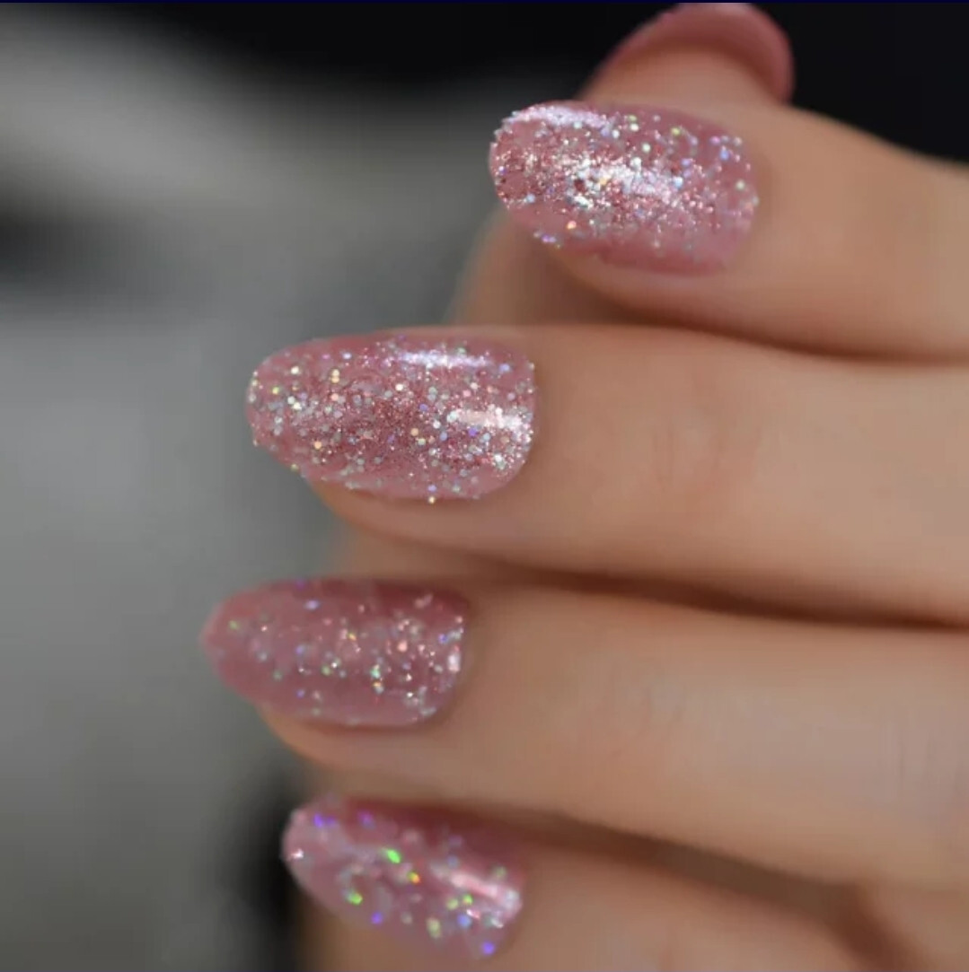 24 Short Press on nails kit w glue rose gold pink almond glitter