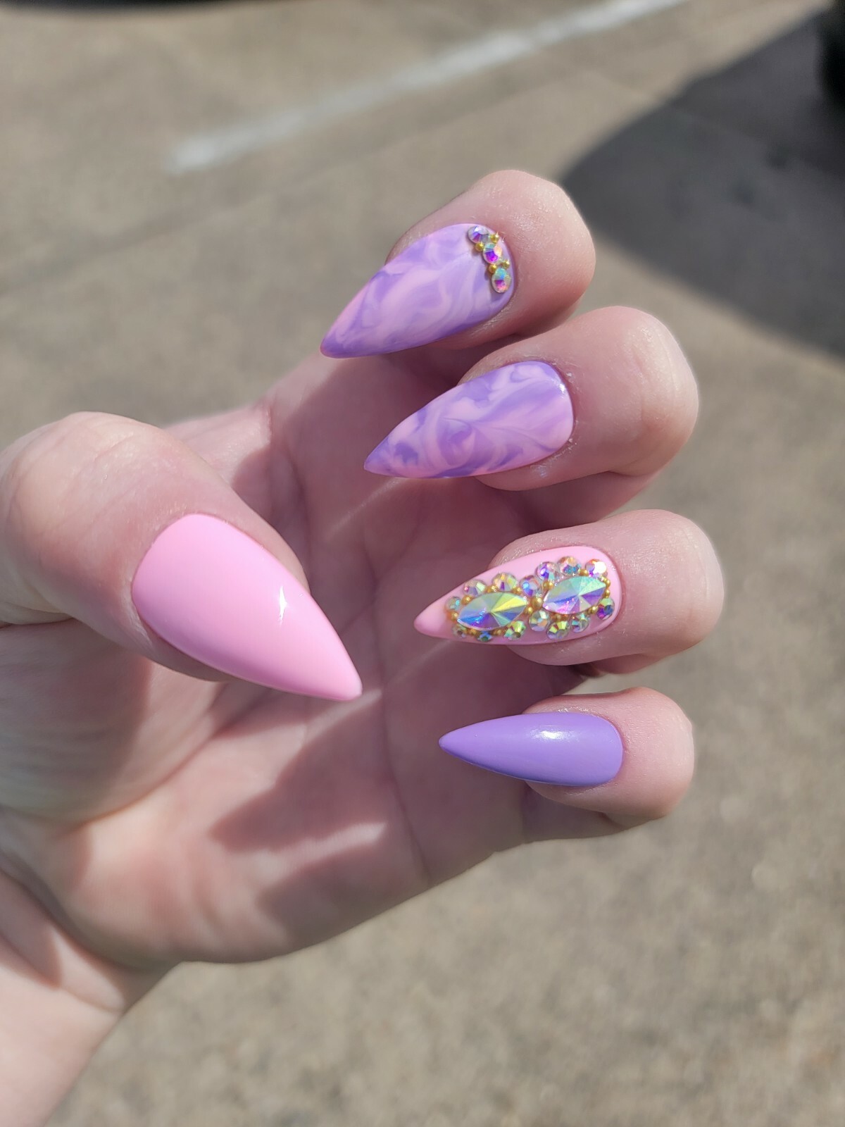 Pink & purple marble bling press on nails stiletto watercolor spring pastel nail