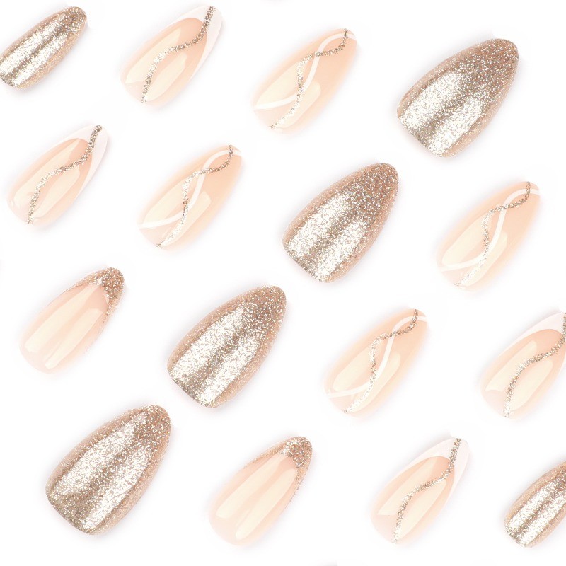 48pcs Light Luxury Premium Naked Gold French Wearing Armor Long Almond Nail Art