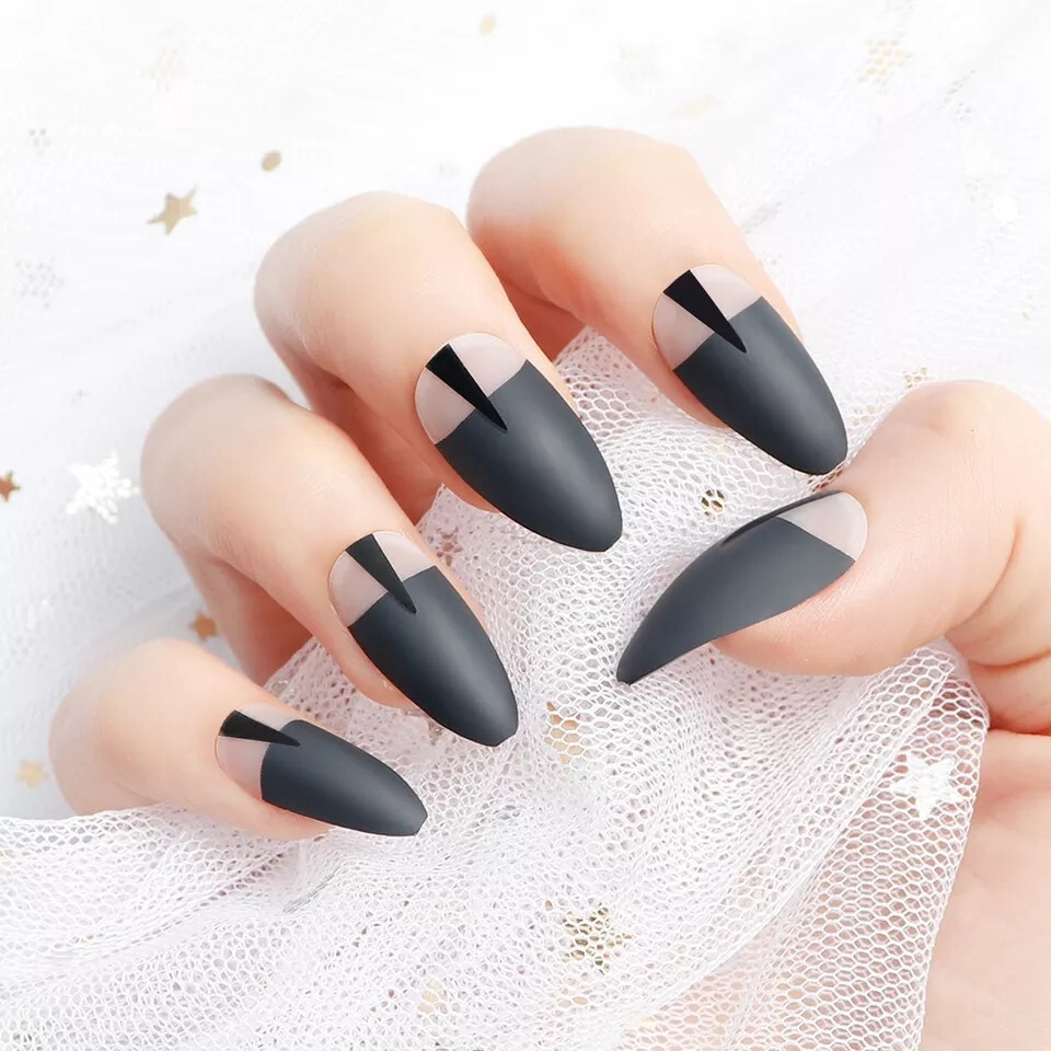 24 Medium Press on nails kit w glue mid frosted black matte clear goth almond