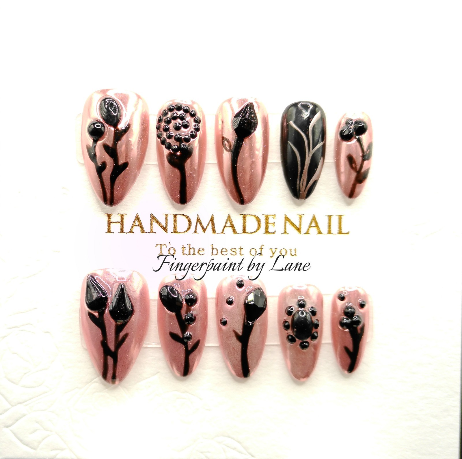 Chrome Rose Gold with Black Flowers Press On Nails – Medium