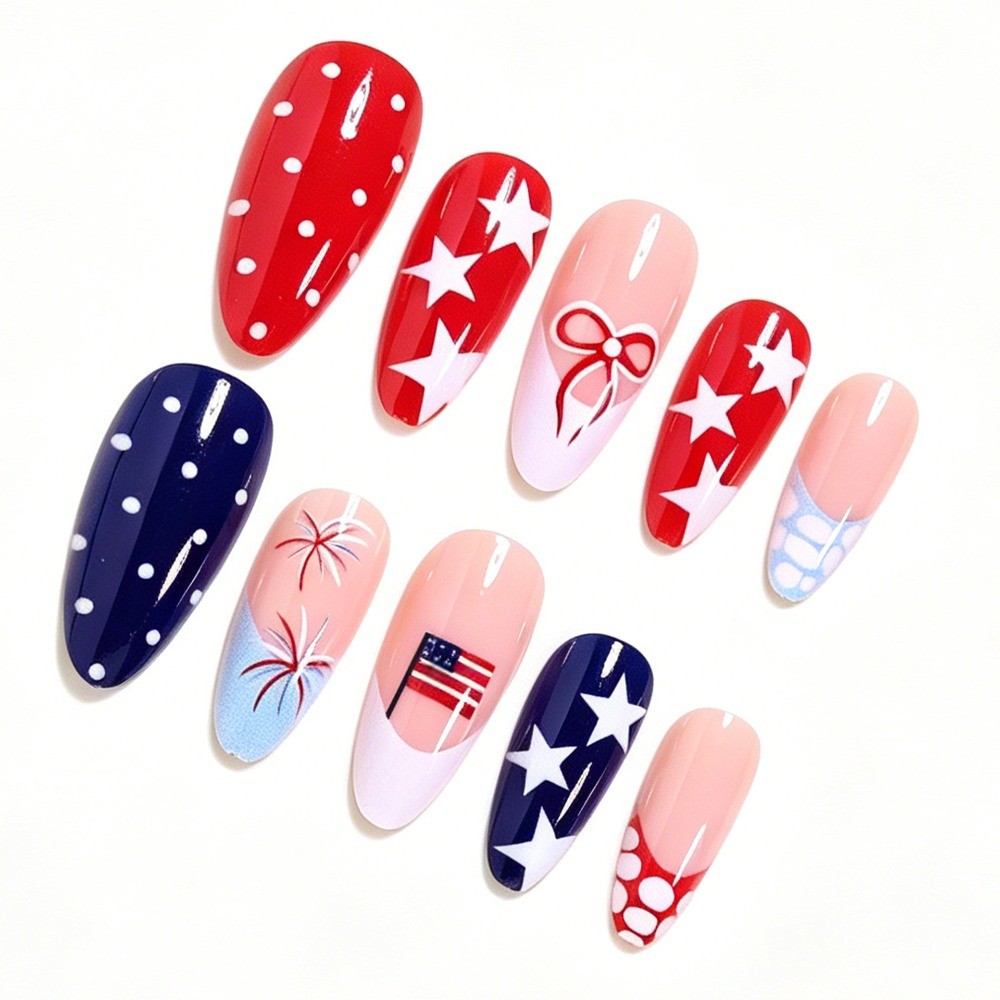 48pcs-4th of July Press on Nails, Medium Almond Stars & Stripes Fake Nails