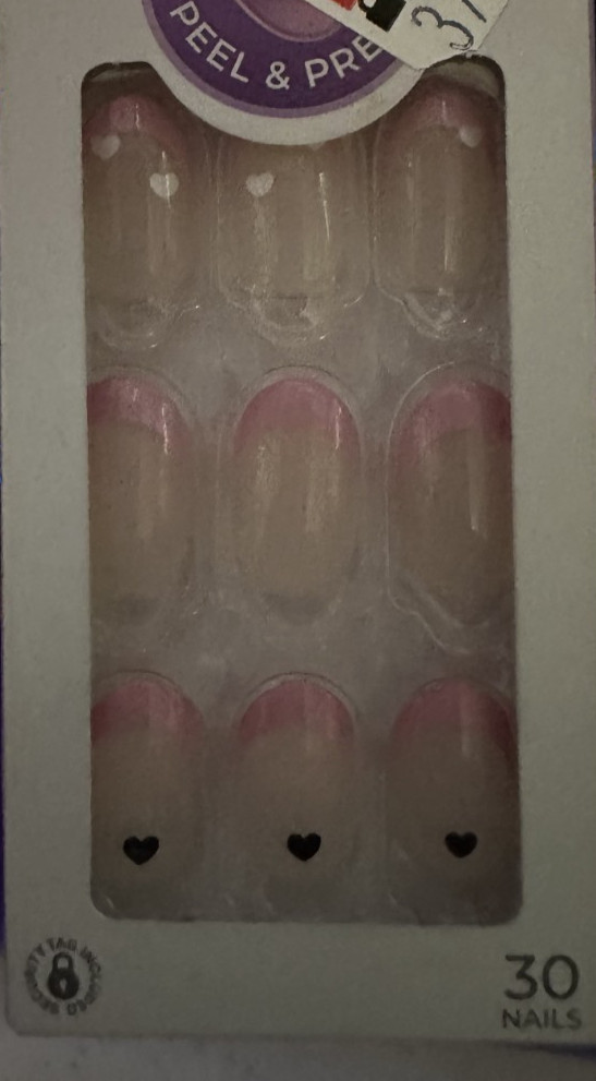 Kiss Short Natural nails Pink french tips Gloss almond with black heart manicure