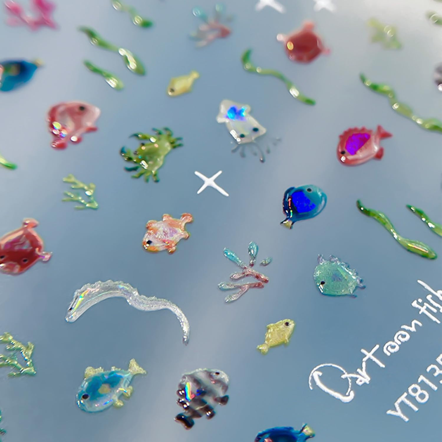 Aquarium Nail Stickers 1 PC 5D Ocean Fish Nail Decal Seaweed Coral Embossed Nail