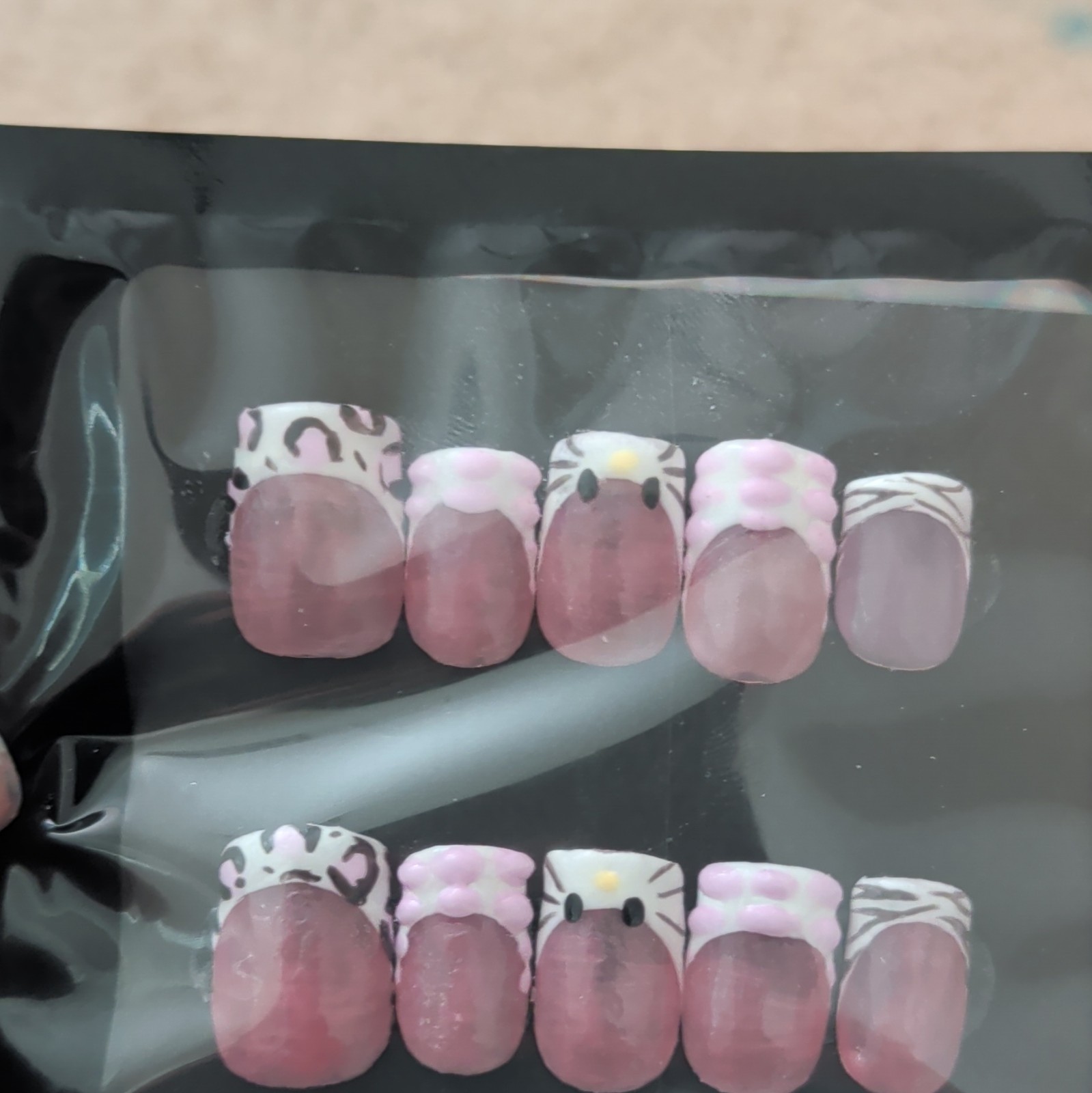 10 Piece Short Square Press-On Nails, Pink White Black 3D Shiny Animal, Handmade