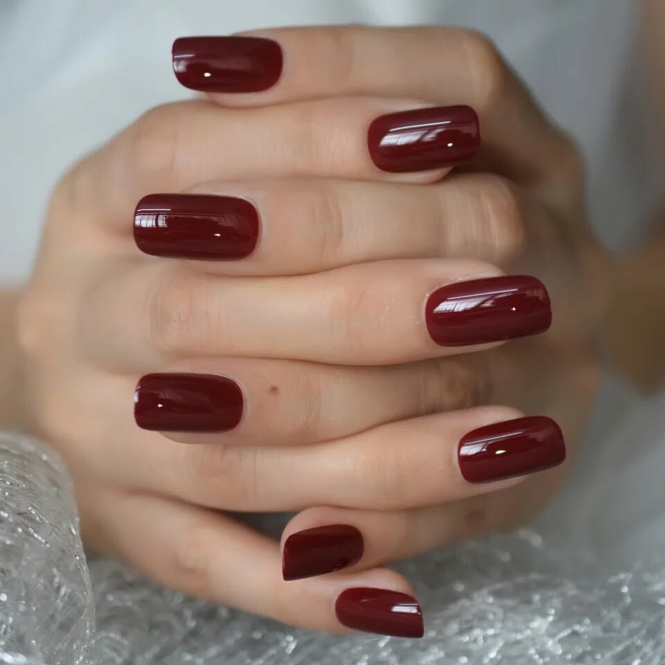 24 Square Cherry Glaze Press on nails kit Glue Dark red burgundy maroon
