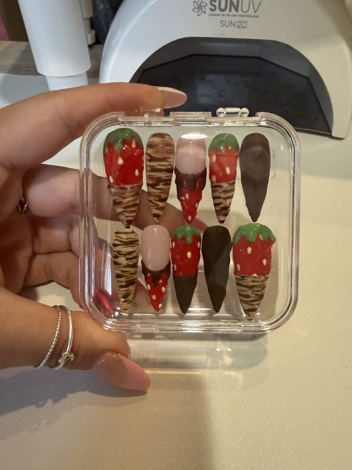 Strawberry chocolate 3D stiletto press-on nails, long gel, food theme