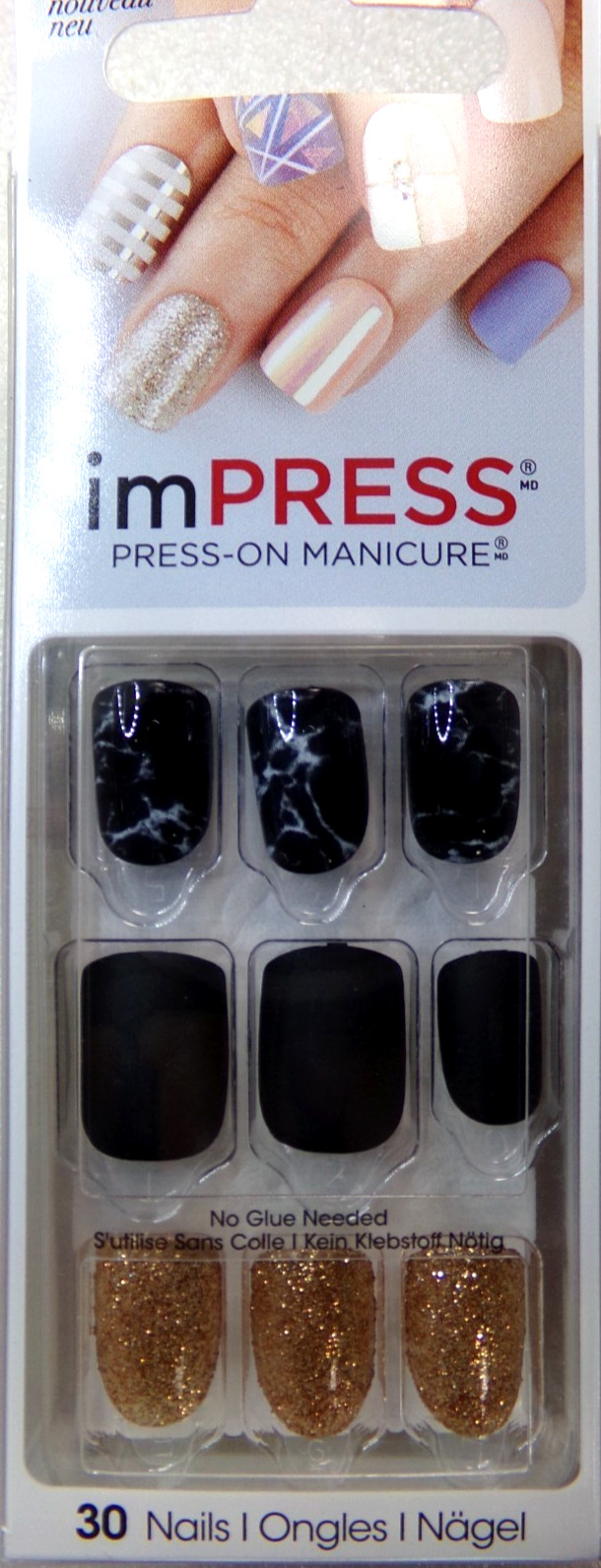 IMPRESS NAILS PRESS ON Short Shiny Black Marble with Matte Black & Gold Glitter