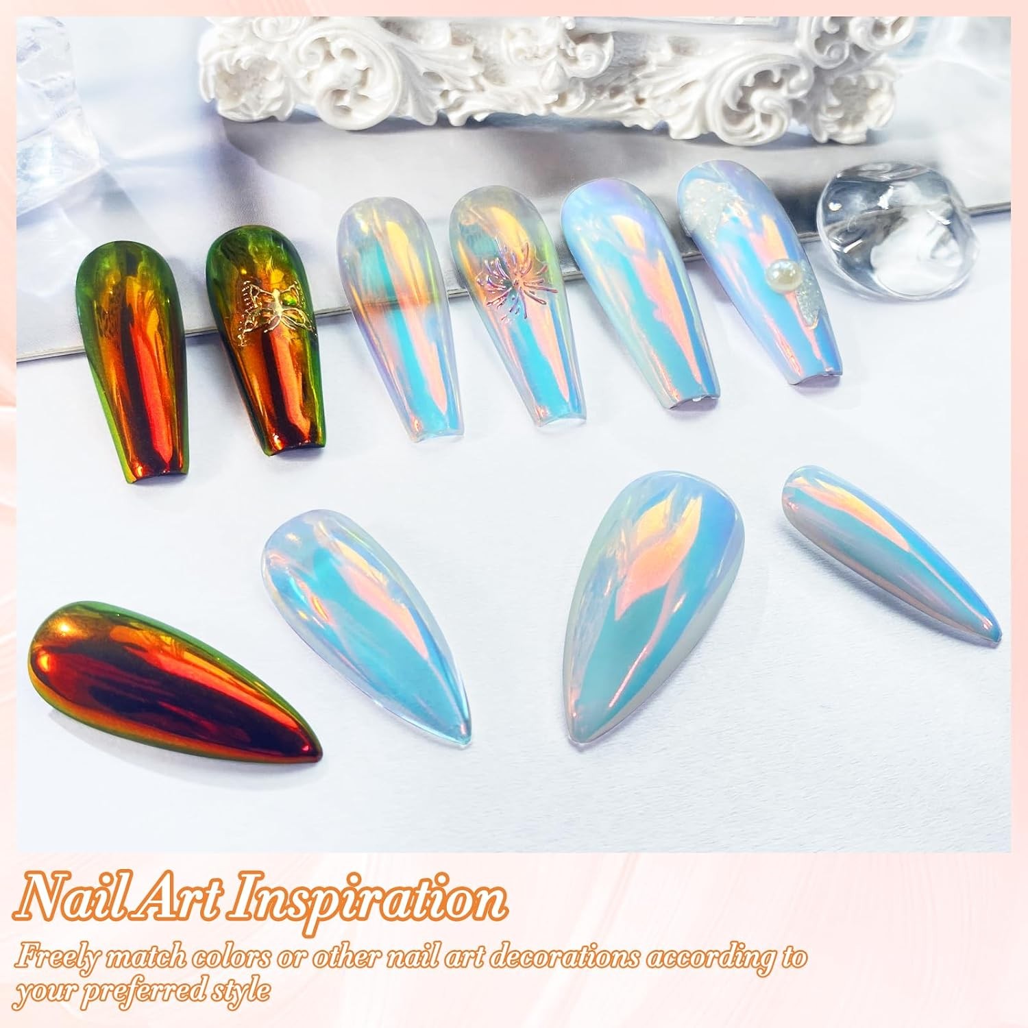 Unicorn Chrome Nail Powder, Aurora Unichrome Mermaid Sunset Glow