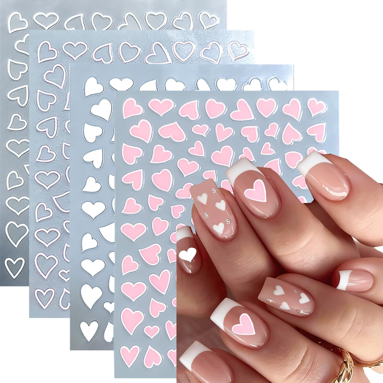 12 Pcs Valentines Day Nail Stickers, Red Pink White Black Gold Heart Stickers fo