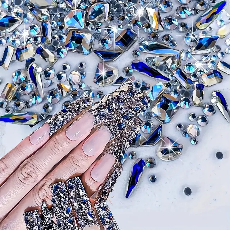 300pcs Round Rhinestone Plus Odd Shaped Large Cubic Black Blue Moon Nail Rhinest