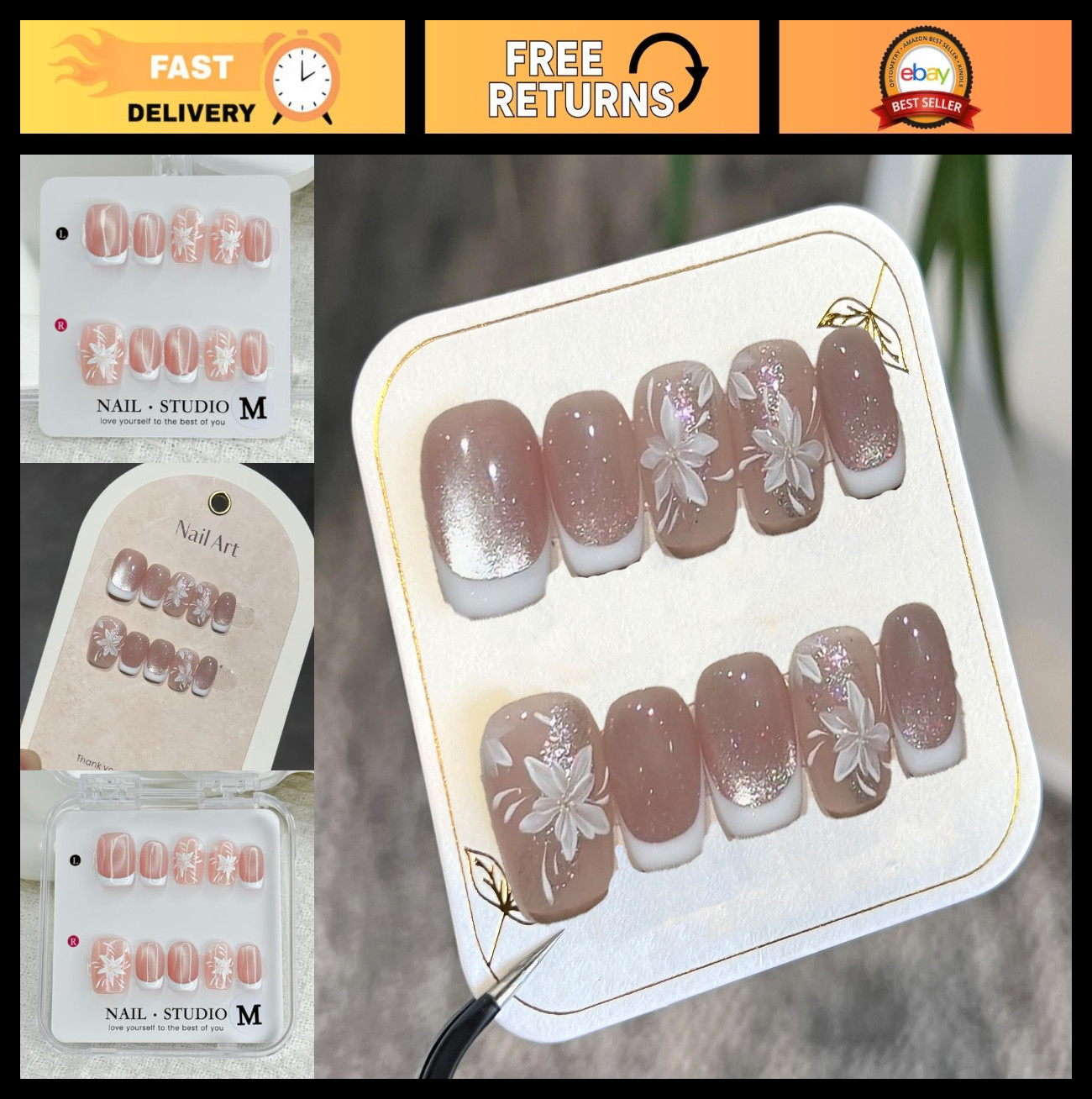 Handmade White French Press-On Nails Short Square with Flower Designs – Pink Spa