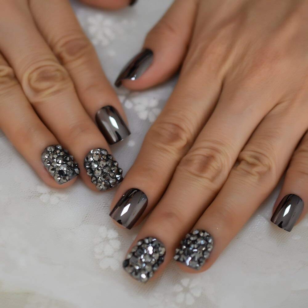 Punk Dark Gray Metallic Mirror French Nail Tips with Glue Stickers