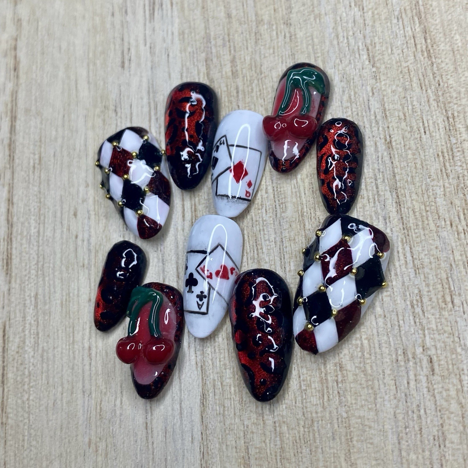 Red Black White Cherry 3D Press-On Nails | Acrylic Full Cover Long Almond