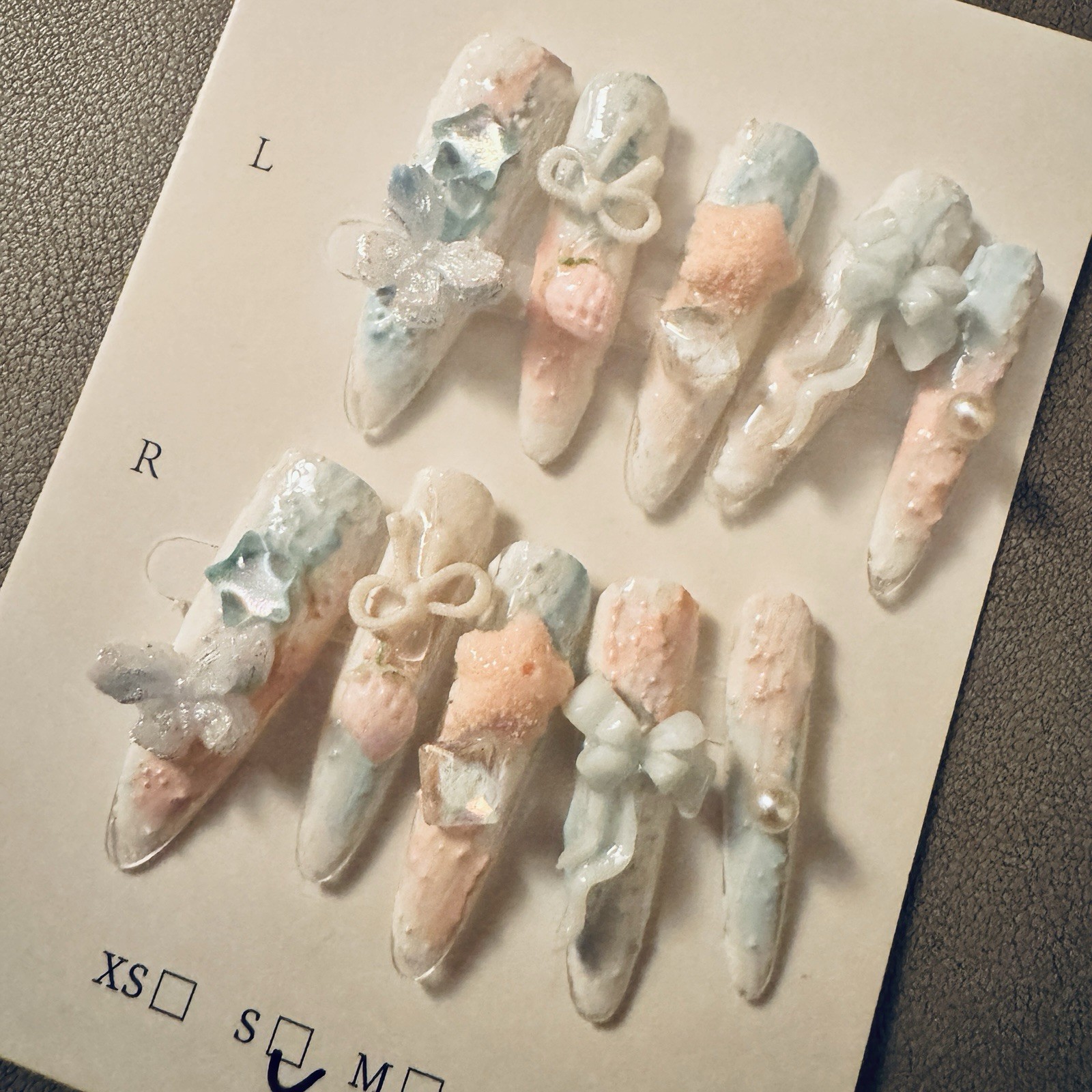 Press-On Nails Long Stiletto White/Blue/Pink 3D Bow Strawberrys Pre-Designed
