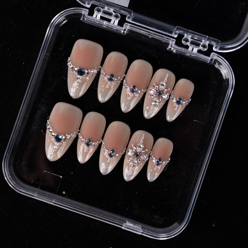 10pcs Pink Nude Sapphire Bridal Nails Rhinestone Wedding