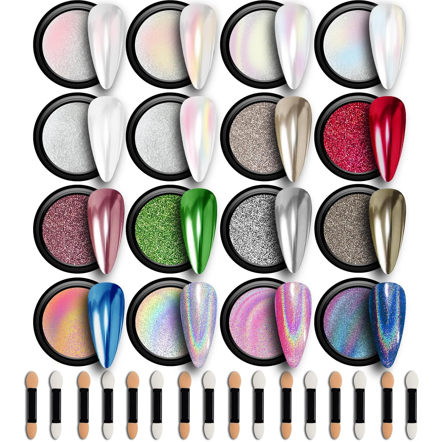 GELPARTY 16 Colour Chrome & Holographic Nail Powder Kit – Mirror-Effect Metallic