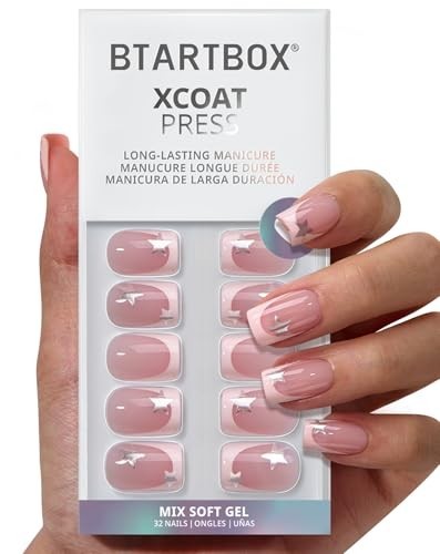 Press On Nails Short Square French Tip Soft Gel 32 Count 16 Sizes Glue Tabs