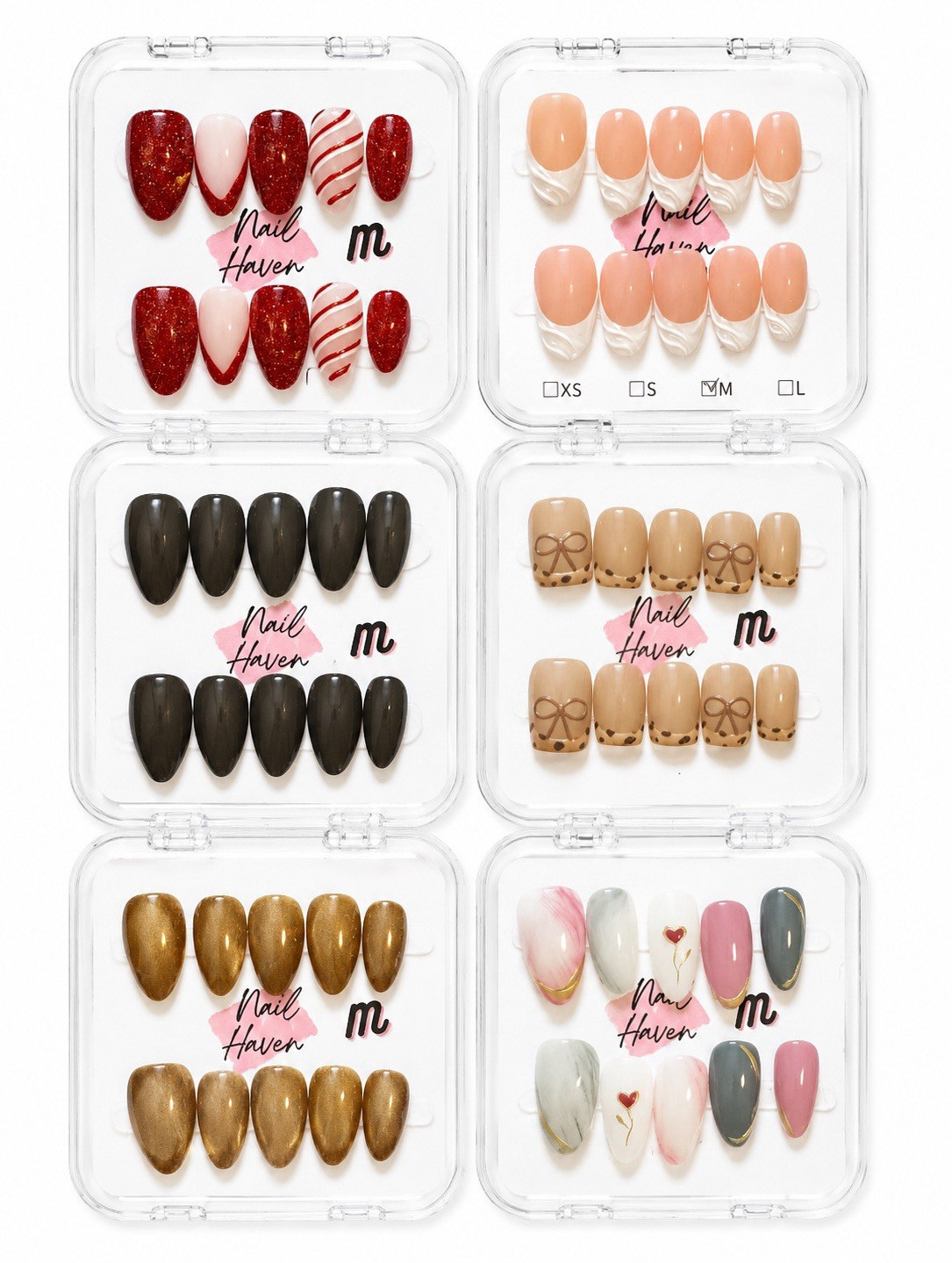 Nail Haven Press-On Nails Medium Almond Pre-Designed Mixed Designs Lot of 6