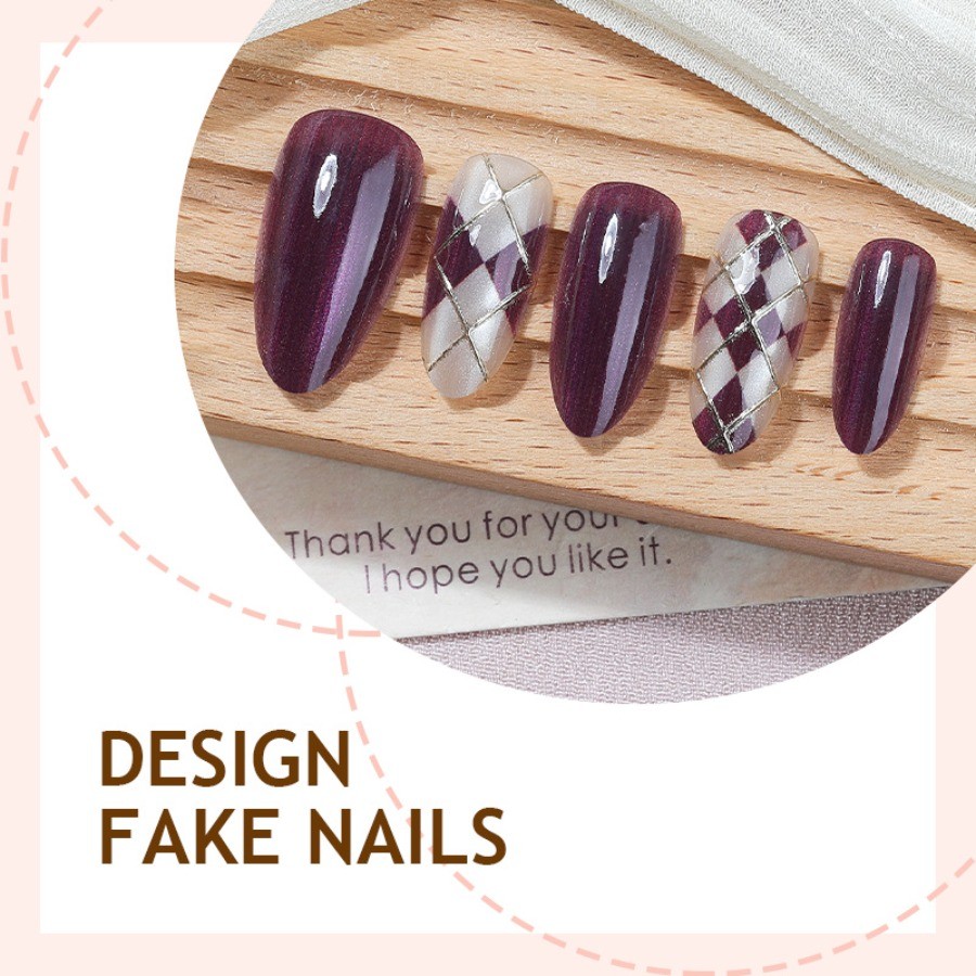 60pcs-Cat Eye Press on Nails Purple Almond Plaid Gold Lined Ornament Accents