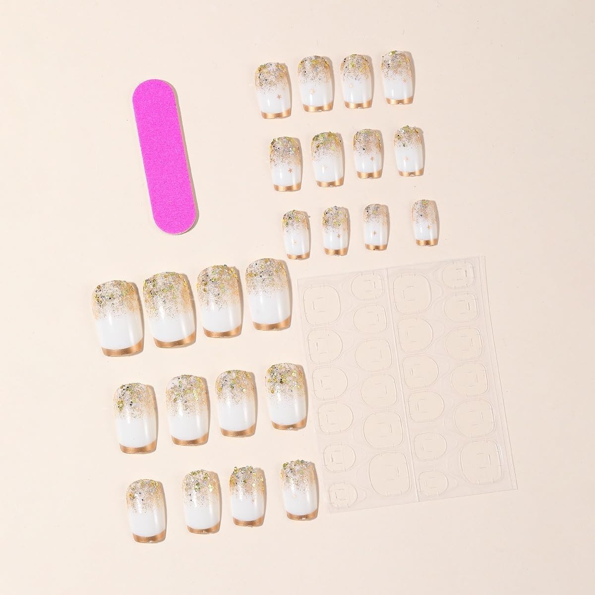 24Pcs Medium White Press On Nails with Gold Glitter – Glamorous Fall Manicure