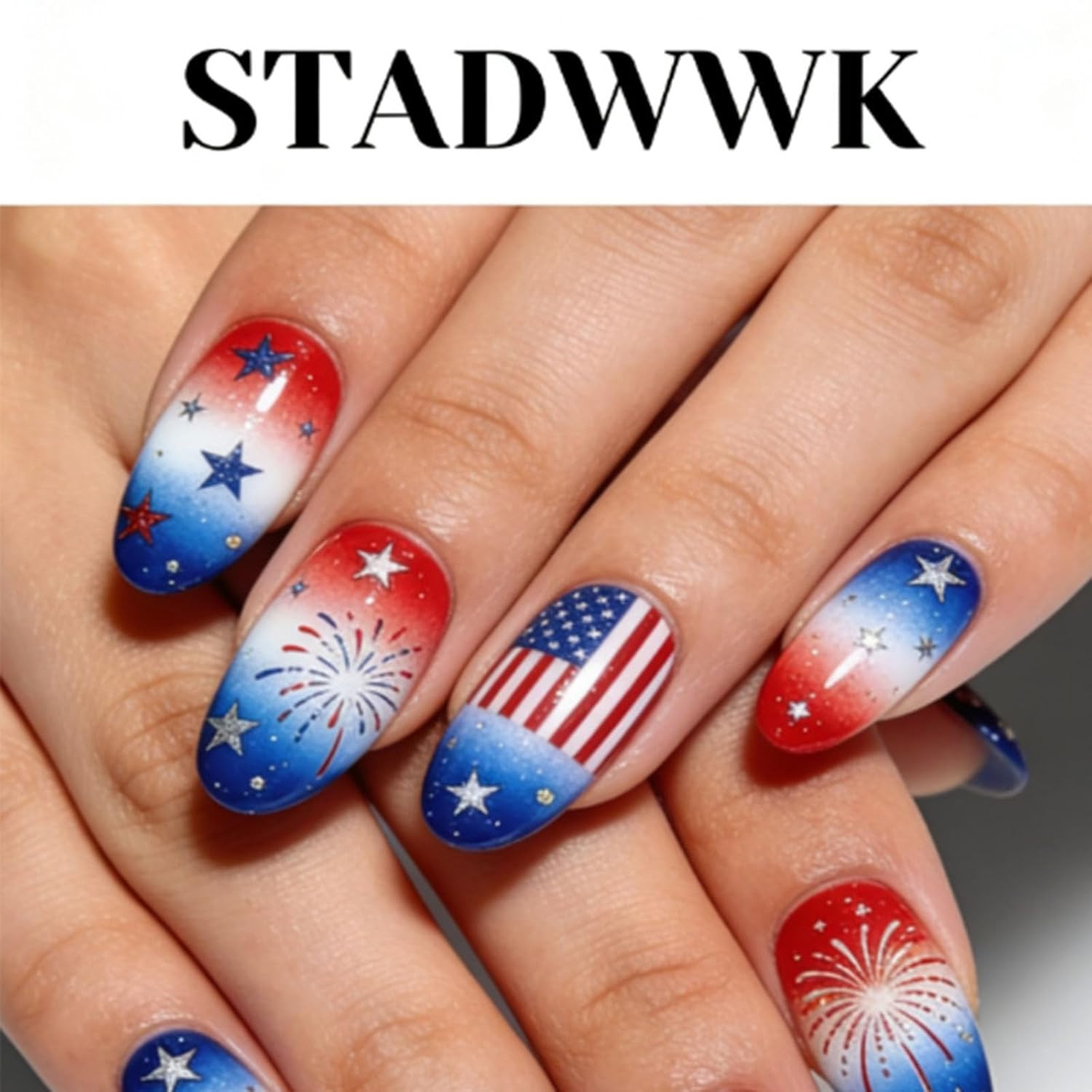4Th of July Press on Nails Medium Square Fake Nails with Blue Red White Flower D