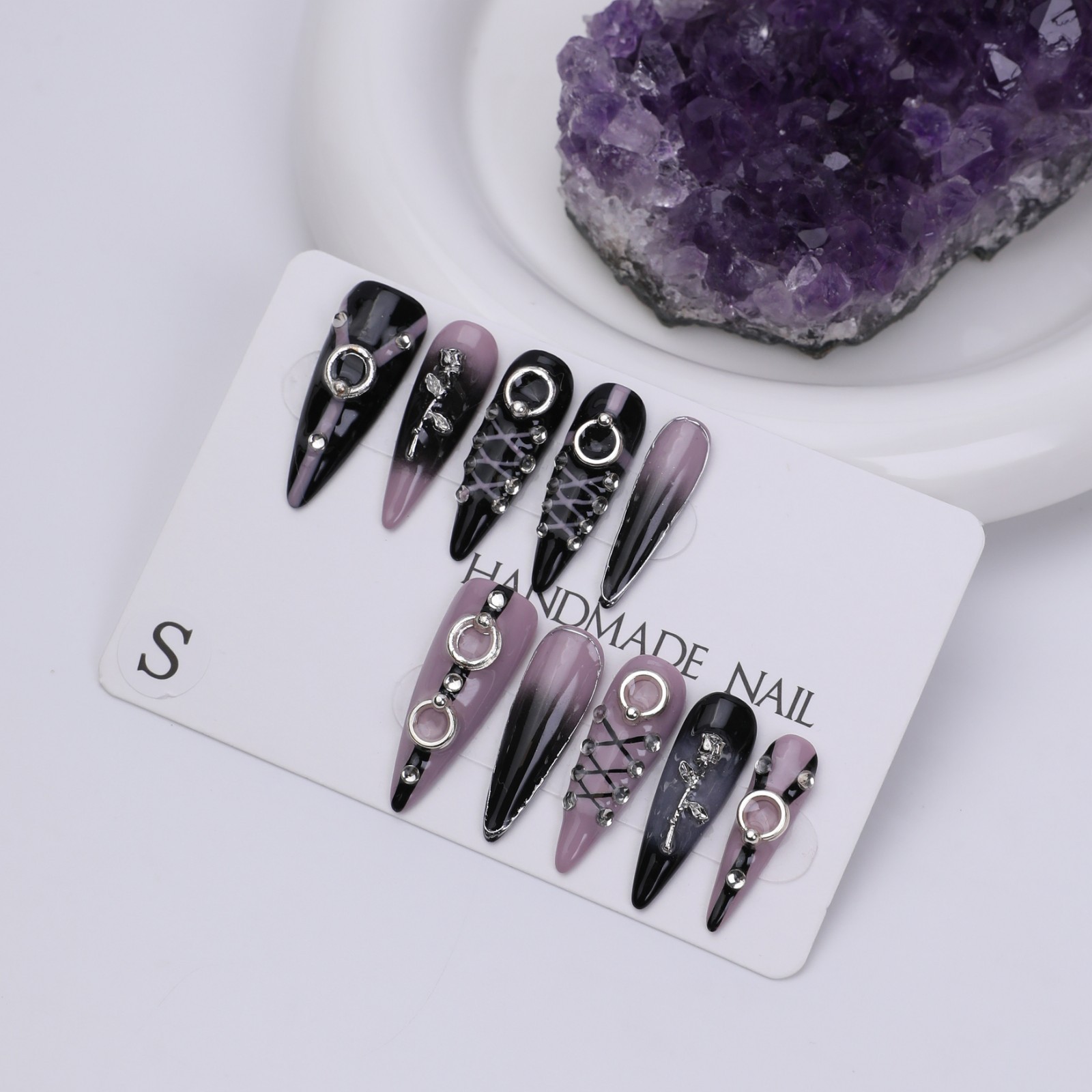 Black Purple Stiletto Press On Nails Long Gothic Rhinestone Reusable Set Glue On
