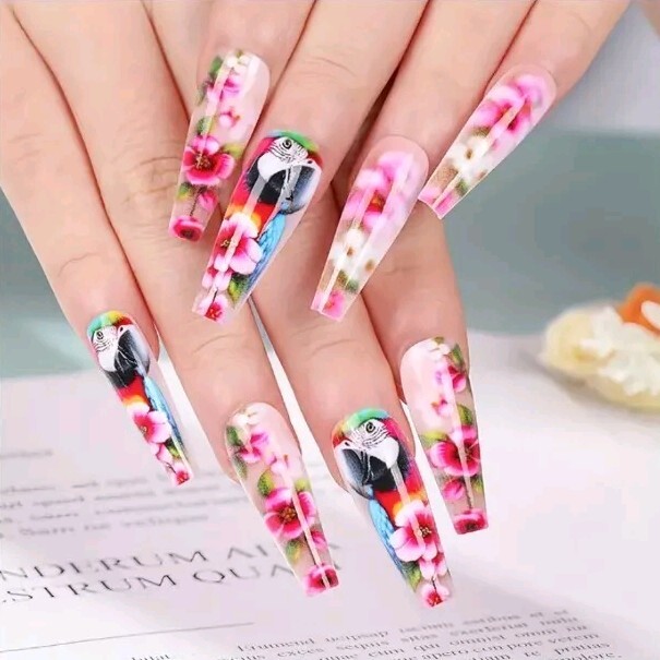 Vibrant Parrot & Floral 3D Press-On Nails – Long Coffin Shape, Glossy Finish💗