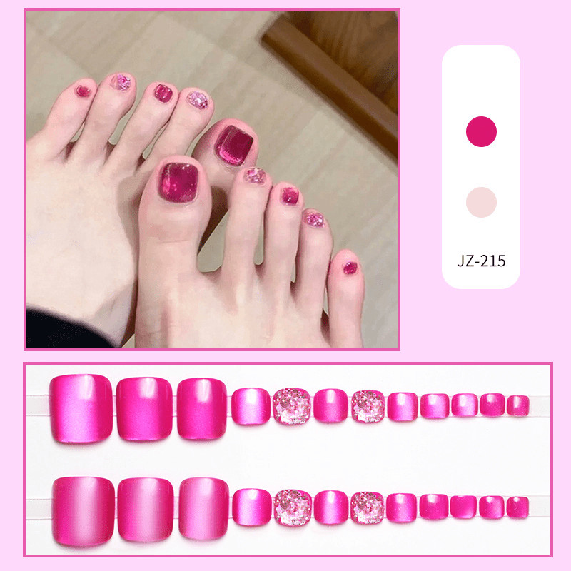 48Pcs-Short Square Wine Red Cat Eye Glitter Toe Press on Nails