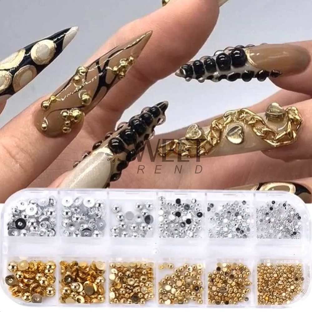 Mixed Half Pearls & Dollar Charms Set, Gold Silver Alloy Nail Decor in 12 Grid