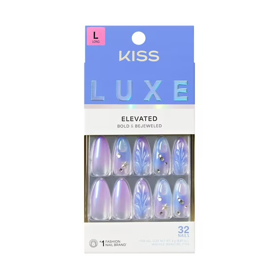 Kiss Luxe Long Almond Press-On Nails, Blue, 32 Pieces